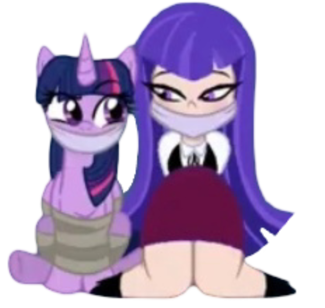 Size: 1502x1420 | Tagged: safe, artist:beckynatt, derpibooru import, edit, twilight sparkle, twilight sparkle (alicorn), alicorn, human, pony, g4, bondage, bound and gagged, calm, cloth gag, clothes, cropped, dc comics, dc superhero girls, duo, duo female, female, gag, help us, image, impressed, looking at each other, looking at someone, needs more jpeg, png, relaxed, ribbon bow tie, rope, rope bondage, shirt, simple background, sitting, skirt, smiling, smirk, tied up, transparent background, waistcoat, zatanna