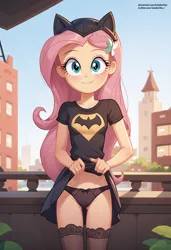 Size: 1664x2432 | Tagged: suggestive, ai content, derpibooru import, machine learning generated, prompter:kimberlite, stable diffusion, fluttershy, human, equestria girls, g4, batgirl, batman, black socks, clothes, cosplay, costume, dc comics, exhibitionism, generator:pony diffusion v6 xl, image, panties, png, race swap, skirt, socks, solo, stockings, superhero, thigh highs, underwear, upskirt