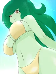 Size: 1668x2224 | Tagged: suggestive, artist:batipin, derpibooru import, wallflower blush, human, equestria girls, g4, belly, belly button, bikini, breasts, busty wallflower blush, clothes, image, looking back, png, swimsuit, yellow bikini