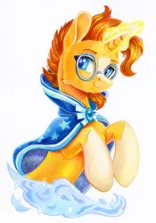 Size: 842x1200 | Tagged: safe, artist:maytee, derpibooru import, sunburst, pony, unicorn, g4, cloak, clothes, coat markings, colored pencil drawing, commission, glasses, glow, glowing horn, horn, image, male, png, simple background, smiling, socks (coat marking), solo, stallion, sunburst's cloak, sunburst's glasses, traditional art, white background