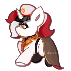 Size: 1872x1872 | Tagged: artist needed, safe, derpibooru import, oc, oc:red rocket, unicorn, badge, belt, boots, cape, chibi, clothes, collar, commission, cute, eyeshadow, glasses, hat, horn, image, makeup, necktie, png, ponytail, shoes, solar empire, tiny, ych result