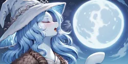 Size: 2400x1200 | Tagged: safe, ai content, derpibooru import, machine learning generated, prompter:greesys, pony, breath, bust, image, moon, png, portrait, ranni the witch, solo