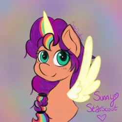 Size: 3000x3000 | Tagged: safe, artist:solardoodles, derpibooru import, sunny starscout, alicorn, pony, g5, braid, bust, colored sketch, gradient background, image, png, portrait, sketch, smiling, solo, stray strand, three quarter view