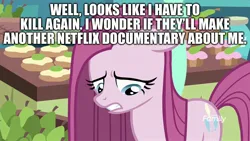 Size: 1920x1080 | Tagged: semi-grimdark, derpibooru import, edit, edited screencap, screencap, pinkie pie, earth pony, g4, yakity-sax, caption, documentary, female, image, image macro, imminent death, imminent murder, implied murder, jpeg, netflix, pinkamena diane pie, sad, serial killer, solo, text, this will end in death