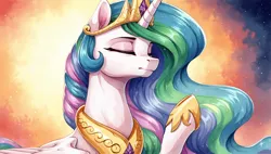 Size: 2560x1456 | Tagged: safe, ai content, derpibooru import, generator:autismmixconfetti, machine learning generated, princess celestia, alicorn, pony, g4, abstract background, bust, crown, eyes closed, female, image, jewelry, mare, peytral, png, portrait, prompter:siber, raised hoof, regalia, solo