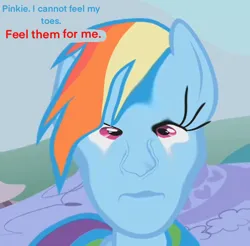 Size: 470x462 | Tagged: safe, derpibooru import, edit, edited screencap, editor:humanponyman, screencap, rainbow dash, 1000 hours in ms paint, dialogue, huh, human face, human facial structure, image, implied feet, implied implying, implied pinkie pie, implied toes, not salmon, png, sigma male, solo, wat, what am i even looking at