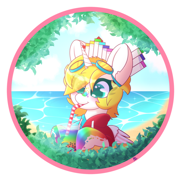 Size: 2000x2000 | Tagged: safe, artist:pasteldraws, derpibooru import, oc, unofficial characters only, alicorn, pony, beach, blushing, clothes, commission, crown, drink, drinking, drinking straw, ear fluff, goggles, hoodie, horn, image, jewelry, leaves, marker crown, markers, ocean, paint, paint splatter, png, rainbow, regalia, solo, summer, sunglasses, traditional art, vacation, water, wings, ych example, ych result, your character here