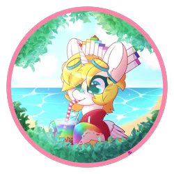 Size: 2000x2000 | Tagged: safe, artist:pasteldraws, derpibooru import, oc, unofficial characters only, alicorn, pony, beach, blushing, clothes, commission, crown, drink, drinking, drinking straw, ear fluff, goggles, hoodie, horn, image, jewelry, leaves, marker crown, markers, ocean, paint, paint splatter, png, rainbow, regalia, solo, summer, sunglasses, traditional art, vacation, water, wings, ych example, ych result, your character here