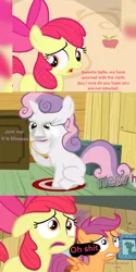 Size: 500x1000 | Tagged: safe, derpibooru import, edit, edited screencap, editor:humanponyman, screencap, apple bloom, scootaloo, sweetie belle, clubhouse, comic, crusaders clubhouse, cutie mark crusaders, dialogue, human facial structure, image, implied drugs, implied meth, infected, infection au, not salmon, oh no, png, vulgar, wat, what am i even looking at, why, wtf