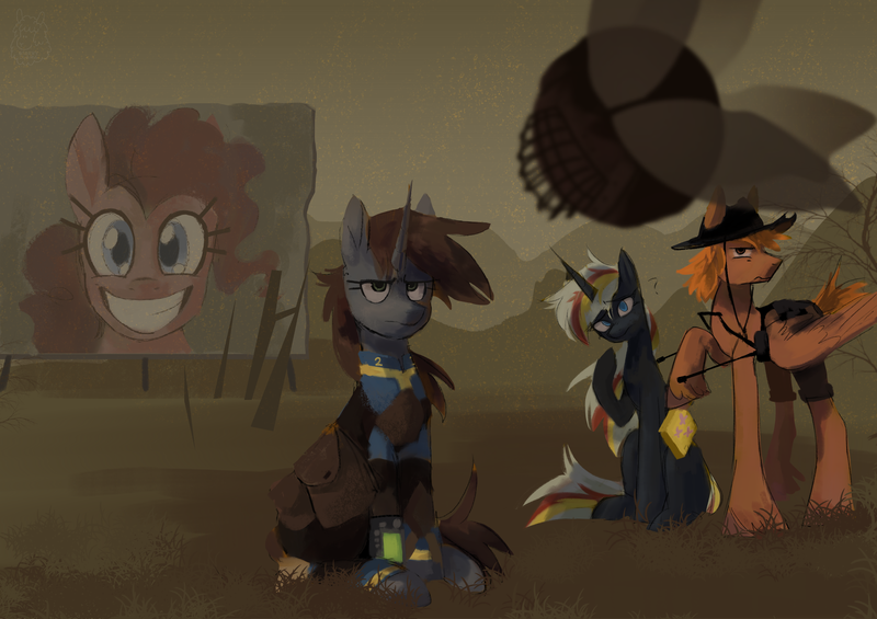 Size: 3158x2232 | Tagged: safe, artist:starry_llama, derpibooru import, oc, oc:calamity, oc:littlepip, oc:velvet remedy, unofficial characters only, pegasus, pony, unicorn, fallout equestria, fallout, female, horn, image, male, mare, png