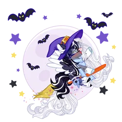 Size: 2500x2500 | Tagged: safe, artist:skye-the-ferret, derpibooru import, oc, oc:oreo cream, bat, pegasus, pony, broom, clothes, colored wings, female, hat, horns, image, mare, moon, png, scarf, simple background, socks, solo, stars, transparent background, two toned wings, wings, witch hat