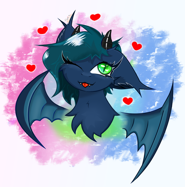 Size: 1805x1823 | Tagged: safe, artist:spirit-fireheart, derpibooru import, oc, unofficial characters only, bat pony, pony, ;p, bat pony oc, bat wings, bust, chest fluff, ear fluff, fangs, female, happy, heart, horns, image, mare, one eye closed, png, portrait, smiling, solo, tongue out, wings, wink