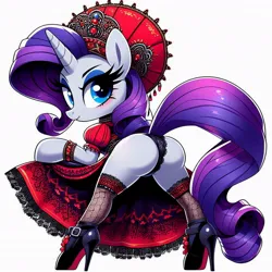 Size: 1024x1024 | Tagged: suggestive, ai content, derpibooru import, machine learning generated, prompter:glimmy-glam, rarity, pony, unicorn, g4, ankle boots, blushing, boots, bracelet, buckle, butt, clothes, dress, female, generator:dall-e 3, hat, high heel boots, high heels, horn, image, jewelry, jpeg, lace underwear, lingerie, looking at you, looking back, looking back at you, missing cutie mark, nylon, panties, rearity, red sole shoes, shoes, simple background, skirt, skirt lift, socks, solo, solo female, thigh highs, underwear