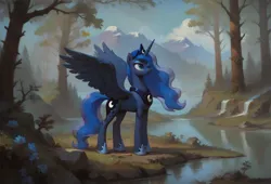 Size: 1408x960 | Tagged: safe, ai content, anonymous prompter, derpibooru import, machine learning generated, princess luna, g4, forest, image, jpeg, mountain, nature, river, solo, spread wings, tree, water, wings