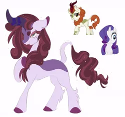 Size: 640x596 | Tagged: safe, artist:sparjechkaa, derpibooru import, autumn blaze, rarity, hybrid, kirin, pony, unicorn, big horn, curly mane, eyebrows, floppy ears, fused, fusion, horn, image, jpeg, kirin hybrid, lidded eyes, lipstick, purple coat, raised hoof, red hair, solo, unshorn fetlocks, violet coat