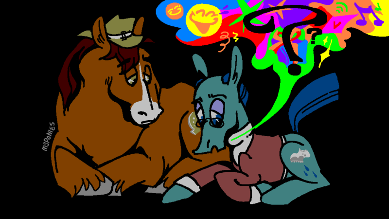 Size: 1200x675 | Tagged: safe, artist:msponies, derpibooru import, sans smirk, trouble shoes, earth pony, pony, g4, black background, duo, image, png, simple background