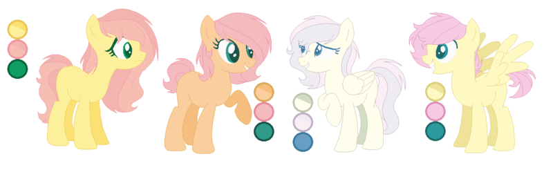 Size: 1432x440 | Tagged: safe, artist:trollertnt, derpibooru import, oc, oc:butter shy, oc:cream, oc:fritter shy, oc:pheniox apple, earth pony, pegasus, pony, base used, color palette, female, half-siblings, image, mare, offspring, parent:big macintosh, parent:braeburn, parent:bulk biceps, parent:double diamond, parent:fluttershy, parents:braeshy, parents:doubleflutter, parents:flutterbulk, parents:fluttermac, png, siblings, sisters