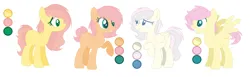 Size: 1432x440 | Tagged: safe, artist:trollertnt, derpibooru import, oc, oc:butter shy, oc:cream, oc:fritter shy, oc:pheniox apple, earth pony, pegasus, pony, base used, color palette, female, half-siblings, image, mare, offspring, parent:big macintosh, parent:braeburn, parent:bulk biceps, parent:double diamond, parent:fluttershy, parents:braeshy, parents:doubleflutter, parents:flutterbulk, parents:fluttermac, png, siblings, sisters