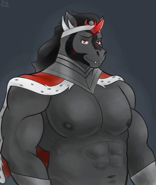 Size: 1080x1285 | Tagged: safe, artist:toodydoodle, derpibooru import, king sombra, anthro, unicorn, abs, bara, belly, belly button, horn, image, jpeg, king sombara, male, male nipples, muscles, muscular male, nipples, nudity, solo, stupid sexy sombra