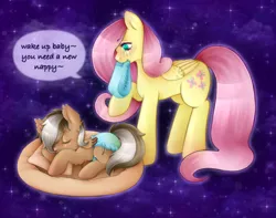 Size: 3693x2912 | Tagged: safe, artist:kirari_chan, derpibooru import, fluttershy, oc, pegasus, pony, advertisement, baby, baby pony, bed, blushing, commission, commission info, cute, diaper, diaper change, diaper fetish, dream, duo, duo male and female, female, fetish, galaxy, image, long tail, male, pegasus oc, png, simple background, sleeping, sleepy, speech bubble, tail, text, wings