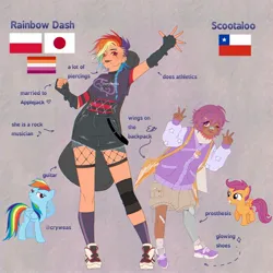 Size: 2048x2048 | Tagged: safe, artist:cryweas, derpibooru import, rainbow dash, scootaloo, human, pegasus, pony, alternate hairstyle, amputee, asian, backpack, bandaid, bandaid on nose, brown background, chile, clothes, dark skin, duo, duo female, ear piercing, earring, eyebrow piercing, eyeshadow, female, filly, fingerless gloves, fishnet clothing, fishnets, foal, gloves, guitar, headcanon, humanized, image, implied appledash, implied applejack, implied lesbian, implied shipping, jacket, japanese, jewelry, jpeg, knee pads, lesbian pride flag, lip piercing, lipstick, makeup, mare, moon runes, musical instrument, one eye closed, open mouth, peace sign, piercing, poland, polish, pride, pride flag, prosthetic leg, prosthetic limb, prosthetics, reference sheet, ring, scarf, shirt, shoes, shorts, simple background, snake bites, sneakers, socks, stockings, striped sweater, sweater, t-shirt, thigh highs, transbian pride flag, wall of tags, wedding ring, wink