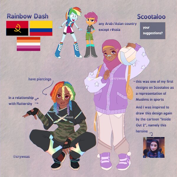 Size: 2048x2048 | Tagged: safe, artist:cryweas, derpibooru import, rainbow dash, scootaloo, human, equestria girls, g4, :p, alternate hairstyle, alternate universe, angola, backpack, ball, bandaid, bandaid on nose, boots, brown background, clothes, columbia, dark skin, dreadlocks, duo, duo female, eyebrow piercing, female, fingerless gloves, gloves, grin, hijab, humanized, image, implied flutterdash, implied fluttershy, implied lesbian, implied shipping, inside out, inside out 2, islam, jacket, jpeg, lesbian pride flag, open mouth, pants, piercing, pride, pride flag, rainbow socks, reference sheet, shirt, shoes, shorts, simple background, skirt, smiling, sneakers, socks, sports, striped socks, sweatpants, tongue out, tongue piercing, transbian pride flag, volleyball, wall of tags