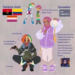 Size: 2048x2048 | Tagged: safe, artist:cryweas, derpibooru import, rainbow dash, scootaloo, human, equestria girls, g4, :p, alternate hairstyle, alternate universe, angola, backpack, ball, bandaid, bandaid on nose, boots, brown background, clothes, columbia, dark skin, dreadlocks, duo, duo female, eyebrow piercing, female, fingerless gloves, gloves, grin, hijab, humanized, image, implied flutterdash, implied fluttershy, implied lesbian, implied shipping, inside out, inside out 2, islam, jacket, jpeg, lesbian pride flag, open mouth, pants, piercing, pride, pride flag, rainbow socks, reference sheet, shirt, shoes, shorts, simple background, skirt, smiling, sneakers, socks, sports, striped socks, sweatpants, tongue out, tongue piercing, transbian pride flag, volleyball, wall of tags