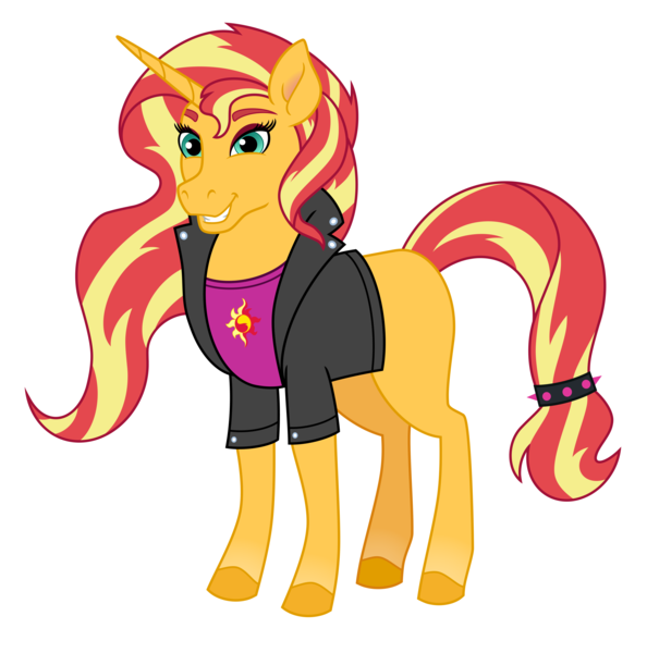 Size: 5160x5211 | Tagged: safe, artist:emeraldblast63, derpibooru import, sunset shimmer, pony, unicorn, clothes, crossover, female, grin, horn, image, jacket, leather, leather jacket, mare, png, shirt, simple background, smiling, solo, t-shirt, transparent background, unshorn fetlocks, wild manes, wild manesified