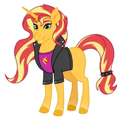 Size: 5160x5211 | Tagged: safe, artist:emeraldblast63, derpibooru import, sunset shimmer, pony, unicorn, clothes, crossover, female, grin, horn, image, jacket, leather, leather jacket, mare, png, shirt, simple background, smiling, solo, t-shirt, transparent background, unshorn fetlocks, wild manes, wild manesified