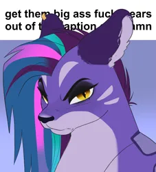 Size: 1909x2098 | Tagged: safe, artist:aztrial, derpibooru import, big cat, leopard, snow leopard, g5, allura, allura is not amused, angry, bust, caption, ears, image, meme, png, portrait, scowl, solo, text, unamused, vulgar