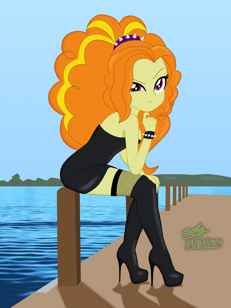 Size: 2880x3840 | Tagged: suggestive, artist:gibsterboy5, derpibooru import, adagio dazzle, human, equestria girls, g4, bare shoulders, black dress, boots, bracelet, breasts, cleavage, clothes, complex background, dress, female, fishnet clothing, fishnets, hairband, hand on chin, hand on leg, headband, high heel boots, high heels, image, jpeg, leather, leather boots, leather dress, looking at you, pier, shoes, short dress, signature, sitting, sleeveless, sleeveless dress, socks, solo, spiked headband, spiked wristband, stockings, thigh highs, wristband