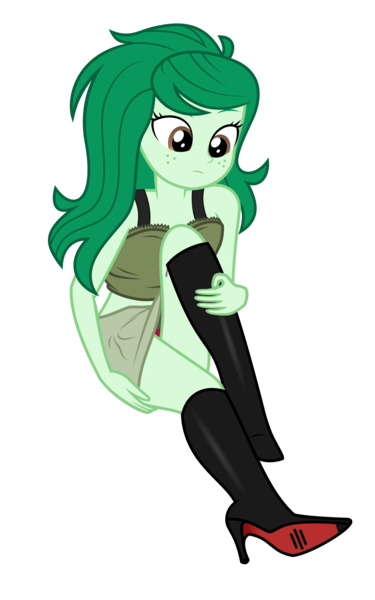 Size: 2500x4000 | Tagged: safe, alternate version, artist:gibsterboy5, artist:moogood, derpibooru import, edit, editor:moogood, vector edit, wallflower blush, human, equestria girls, g4, bare shoulders, boots, clothes, female, hand on hip, hand on leg, high heel boots, high heels, high res, image, leather, leather boots, looking down, midriff, panties, png, raised leg, shoes, simple background, sitting, skirt, sleeveless, solo, tanktop, transparent background, underwear, vector