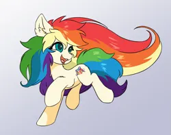 Size: 973x768 | Tagged: safe, artist:mystalker, derpibooru import, oc, oc:sweetheart, unofficial characters only, pony, unicorn, ear fluff, female, gray background, happy, hidden horn, horn, image, multicolored hair, open mouth, open smile, png, rainbow, rainbow hair, simple background, smiling, solo, teal eyes, witch