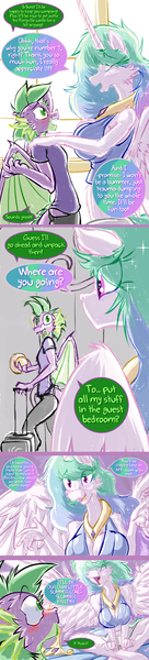 Size: 1024x4516 | Tagged: questionable, artist:frist44, derpibooru import, princess celestia, spike, alicorn, anthro, dragon, unguligrade anthro, comic:my summer with celestia, big breasts, blushing, breasts, cleavage, comic, crown, female, image, jewelry, male, older, older spike, png, regalia, ship:spikelestia, shipping, straight