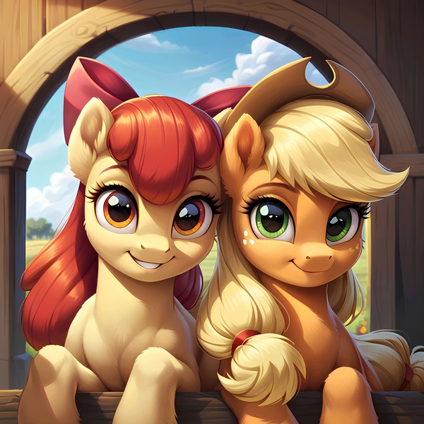 Size: 2512x2512 | Tagged: safe, ai content, derpibooru import, machine learning generated, prompter:bartp98, stable diffusion, apple bloom, applejack, earth pony, pony, adorable face, applejack's hat, beautiful, bow, closed mouth, cowboy hat, cute, duo, eyelashes, female, generator:pony diffusion v6 xl, green eyes, gritted teeth, hair bow, hat, hooves, image, jpeg, looking at you, mare, orange eyes, outdoors, siblings, sisters, smiling, smiling at you, teeth