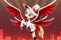 Size: 2400x1600 | Tagged: safe, artist:darksly, derpibooru import, ponified, demon, demon pony, original species, pony, commission, fallen angel, grin, hat, hazbin hotel, image, jpeg, looking at you, male, multiple wings, smiling, smiling at you, spread wings, stallion, top hat, wings