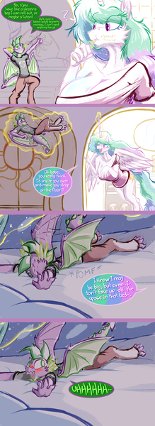 Size: 1536x4201 | Tagged: questionable, artist:frist44, derpibooru import, princess celestia, spike, alicorn, anthro, dragon, comic:my summer with celestia, bed, big breasts, blushing, breasts, brushing teeth, cleavage, clothes, comic, cutie mark, female, image, magic, male, my little pony, off shoulder, older, png, ship:spikelestia, shipping, straight, stretching