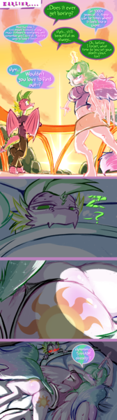 Size: 1024x3653 | Tagged: questionable, artist:frist44, derpibooru import, princess celestia, spike, alicorn, dragon, comic:my summer with celestia, bed, big breasts, blushing, breasts, butt, clothes, comic, cutie mark, female, image, magic, male, my little pony, off shoulder, older, panties, png, ship:spikelestia, shipping, straight, sunlight, sunset, thong, underwear