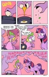 Size: 3840x5966 | Tagged: safe, artist:balileart, derpibooru import, spike, twilight sparkle, twilight sparkle (alicorn), alicorn, dragon, pony, apron, clothes, comic, cute, dialogue, dork, duo, duo male and female, egg (food), female, food, frying pan, image, laughing, male, mare, png, speech bubble, spikabetes, twiabetes