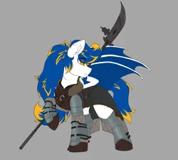 Size: 2201x1977 | Tagged: safe, artist:zake, derpibooru import, oc, unofficial characters only, bat pony, pony, armor, glaive, gray background, image, png, scar, simple background, solo, weapon