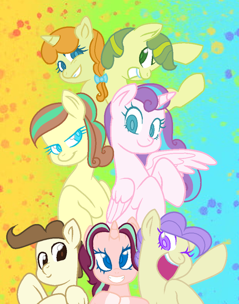 Size: 775x985 | Tagged: safe, artist:colorcoookie0w0, derpibooru import, apple bud, cream puff, pound cake, princess flurry heart, pumpkin cake, oc, oc:color cookie, oc:stellar glitter, alicorn, earth pony, pegasus, pony, unicorn, g4, base used, budbetes, creambetes, cute, female, flurrybetes, group, horn, image, male, mare, ocbetes, offspring, older, older apple bud, older cream puff, older flurry heart, older pound cake, older pumpkin cake, parent:starlight glimmer, parent:sunburst, parents:starburst, png, poundabetes, pumpkinbetes, stallion