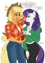 Size: 1618x2277 | Tagged: safe, artist:darunyama, derpibooru import, applejack, rarity, anthro, earth pony, unicorn, g4, apple, applejack's hat, clothes, cowboy hat, dialogue, duo, duo female, ear piercing, female, flannel shirt, food, freckles, hat, horn, image, jewelry, lesbian, looking at each other, looking at someone, necklace, pants, piercing, png, rarijack, shipping, shirt, smiling, smiling at each other