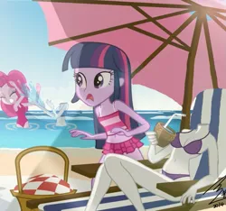 Size: 801x751 | Tagged: artist needed, safe, derpibooru import, pinkie pie, rainbow dash, rarity, equestria girls, g4, basket, beach chair, beach umbrella, bikini, chair, clothes, headless, image, ocean, photo, picnic basket, png, swimsuit, umbrella, water