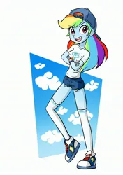 Size: 2162x3070 | Tagged: safe, artist:uotsda, derpibooru import, human, equestria girls, g4, backwards ballcap, baseball cap, cap, erect nipples, female, hat, high res, image, jpeg, open mouth, open smile, raised leg, simple background, smiling, solo, white background