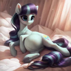 Size: 1024x1024 | Tagged: safe, ai content, derpibooru import, machine learning assisted, machine learning generated, prompter:jaguarcalamitydejv, coloratura, earth pony, pony, g4, bed, belly, big belly, female, image, jpeg, laying on bed, lying down, mare, on bed, rara, side, solo