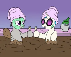 Size: 2000x1600 | Tagged: safe, artist:amateur-draw, derpibooru import, octavia melody, vinyl scratch, earth pony, pony, unicorn, alcohol, drink, female, glass, glasses, grin, horn, image, lesbian, looking at each other, looking at someone, mare, mud, mud bath, mud mask, muddy, png, scratchtavia, shipping, simple background, smiling, smiling at each other, spa, towel