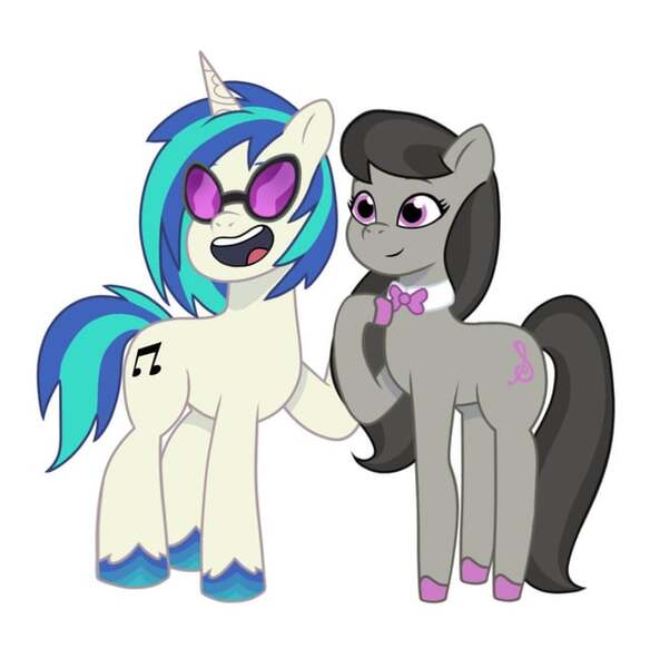 Size: 640x657 | Tagged: safe, artist:jazzhooves, derpibooru import, octavia melody, vinyl scratch, earth pony, pony, unicorn, g4, g5, my little pony: tell your tale, bowtie, colored hooves, duo, duo female, female, g4 to g5, generation leap, glasses, hooves, horn, image, jpeg, mare, open mouth, open smile, simple background, smiling, vinyl's glasses, white background