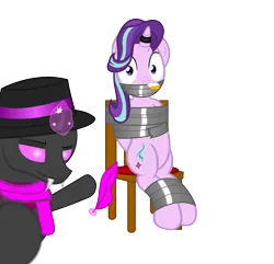 Size: 2800x2700 | Tagged: safe, artist:cardshark777, derpibooru import, sci-twi, starlight glimmer, twilight sparkle, oc, oc:card shark, changeling, pony, unicorn, g4, bondage, bound and gagged, chair, changeling oc, cloth gag, clothes, digital art, duo, duo male and female, feather, fedora, female, gag, hat, helpless, horn, horn ring, image, imminent tickles, inhibitor ring, jewelry, looking at you, magic, magic aura, magic suppression, male, pink eyes, png, ring, rope, simple background, sitting, socks, tape, tape bondage, tape gag, telekinesis, tied to chair, tied up, transparent background, trio, two toned mane