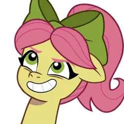 Size: 4096x4096 | Tagged: safe, artist:enterusxrname, ponerpics import, posey (g5), earth pony, pony, g5, absurd resolution, bow, bust, furrowed brow, grin, image, png, ponytail, simple background, smiling, transparent background