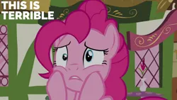 Size: 2000x1125 | Tagged: safe, derpibooru import, edit, edited screencap, editor:quoterific, screencap, pinkie pie, g4, too many pinkie pies, image, mushroom table, png, ponyville, solo